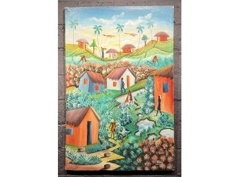 Vintage Haitian Village Scene Oil On Canvas Signed Rene