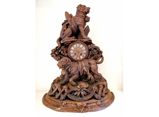 Very Fine Antique 19th Century Swiss Made Black Forest Mantle Clock - St. Bernard Dog Themed