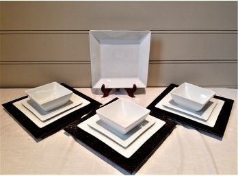 Large Lot Of Square 'Court' Porcelain Place Settings By Crate & Barrel & Woven Wicker Square Chargers