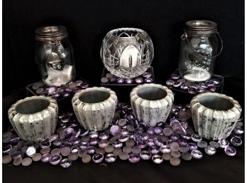 Set Of Seven Votive And Tealight Candleholders With Decorative Lavender Glass Fillers