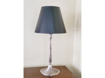 Silver Tone Metal Table Lamp With Black Shade - Works!