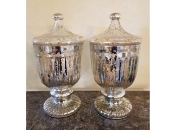 Pair Of Large Vintage Mercury Glass Lidded Urns
