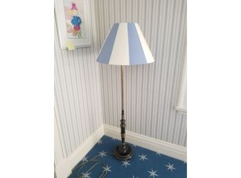 Brass Pole And Wood Base Floor Lamp Light With Blue & White Shade
