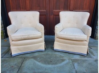 Pair Of Vintage Beautifully Reupholstered Pale Yellow & Blue Arm Chairs
