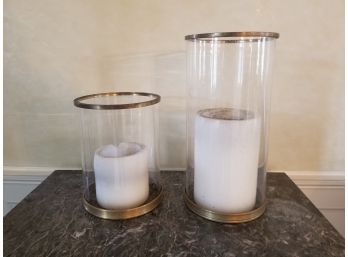 Two Large Cylinder Hurricane Glass Candle Holders