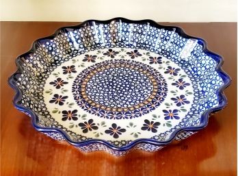 Blue Rose Polish Pottery Mosaic Flower Scalloped Quiche Dish
