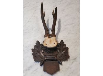 Antique Black Forest Walnut Carved Wall Plaque With Genuine Antlers