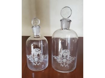 Two Antique Clear Etched Monogrammed Floral Design Bottles With Stoppers