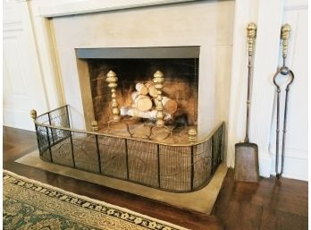 Handsome Vintage Fireplace Set - Brass Andirons, Tools & Brass Black Mesh Bumper