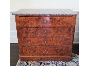 Antique Burr Walnut Wood French Commode With Rare Gray Marble Top