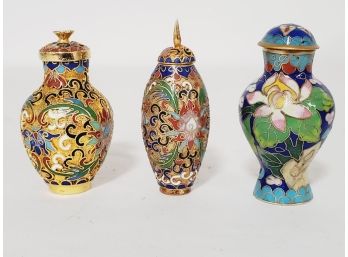 Three Vintage Brass Cloisonne Chinese Lidded Miniature Urns(Lot O)