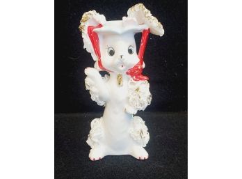 Vintage Ceramic Whimsical Spaghetti Poodle - White With Red Hat Ribbon & Gold Accents