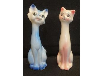 Adorable Vintage Ceramic Long Neck Whimsical Blue & Pink Cat Figurines