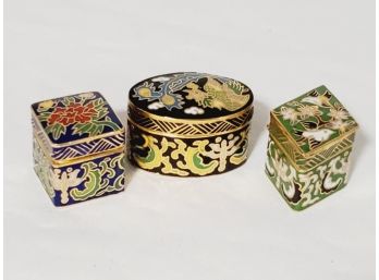 Three Chinese Brass Cloisonne Miniature Pill Boxes (Lot A)