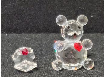 Two Vintage Swarovski Crystal Miniatures-Teddy Bear & Oyster Shell With Red Hearts