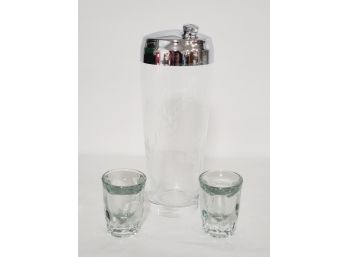 Vintage MCM Etched Glass & Stainless Cocktail Shaker & Pair Of Very Thick Shot Glasses