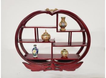 Solid Wood Chinese Duobaoge Bogu Miniature Display Shelf & Three Brass Cloisonne Miniatures Jars (Lot M)