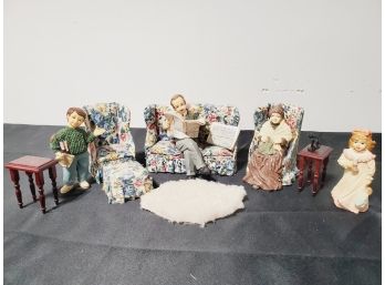 Ensemble Of Dollhouse Livingroom Furniture, Accessories And Resin Family Figurines