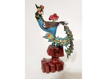 Vintage Colorful Chinese Cloisonne & Silver Filigree Bird Figurine On Wood Stand