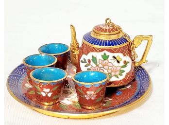 Vintage Miniature Chinese Brass Cloisonne Tea Set With Tray