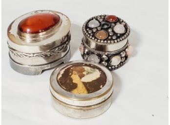 Trio Of Vintage Small Silver Plate Miniature Boxes, Pill Boxes (Lot HH)