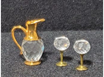 Vintage Swarovski Crystal Memories Miniature Wine Decanter & Two Wine Glass - 18K Gold Plated