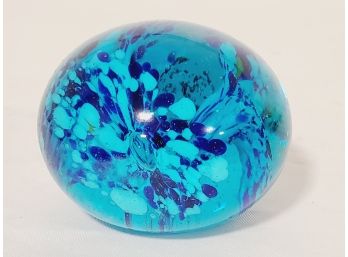 Vintage Turquoise & Cobalt Blue Art Glass Round Paperweight