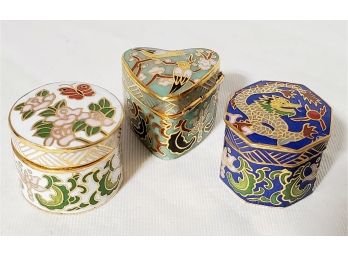 Trio Of Vintage Miniature Chinese Brass Cloisonne Pill Boxes (Lot F)