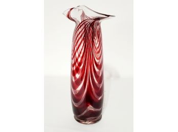 Lovely Cranberry Red Swirl Signed & Dated Art Blown Glass Bud Vase