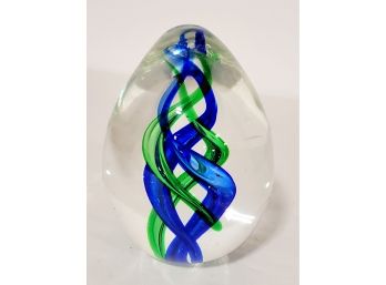 Art Glass Clear, Cobalt Blue & Green Paperweight