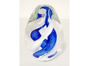 Art Glass Clear, Cobalt Blue & White Swirl Paperweight