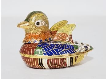 Colorful Vintage Chinese Brass Cloisonne 2 Piece Bird Duck Trinket Box