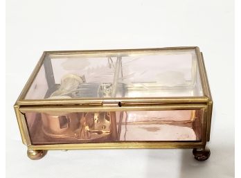Small Vintage Brass & Etched Glass Jewelry Music Box Plays That's What Friends Are For