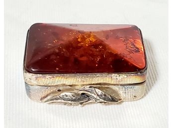 Vintage Sterling Silver 925 & Amber Stone Pill Box (Lot H)