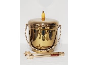 Great Vintage MCM Farber Brothers Lacquered Solid Brass Ice Bucket With Tongs