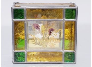 Vintage Colorful Stained Glass Hinged Lid Box With Dried Pressed Flowers In Lid