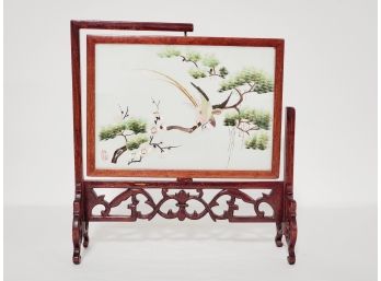 Vintage Chinese Silk Mesh And Needle Work Table Screen