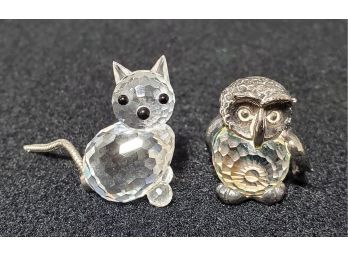 Two Vintage Crystal Miniature Swarovski Cat & Fireball Crystal & Pewter Owl Figurines