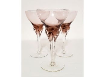 Trio Of Blown Glass Smokey Purple & Clear Wine Glasses