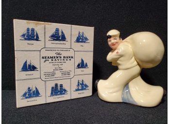 Vintage McCoy Pottery Seamen's Savings Figural Coin Bank, Advertising, WWII Navy Sailor