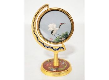 Vintage Cloisonne Brass Frame With Silk Embroidery Of Cranes Under Glass Revolving Round Frame