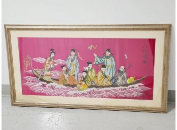 Large Vintage Colorful Chinese Silk Embroidery Of The Eight Immortals On The Sea