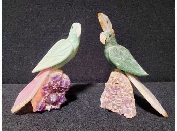 Two Vintage Tropical Birds Parrots Made From A  Variety Of Stones On Raw Amethyst Stone Bases