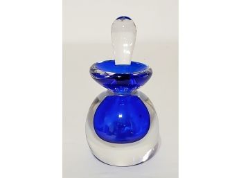 Vintage Signed Art Glass Perfume Bottle & Stopper - Cobalt Blue And Clear