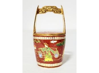 Vintage Cloisonne Mini Asian Water Bucket With Lid