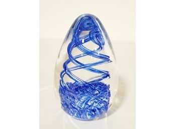 Vintage Art Glass Clear & Cobalt Blue Swirl Paperweight
