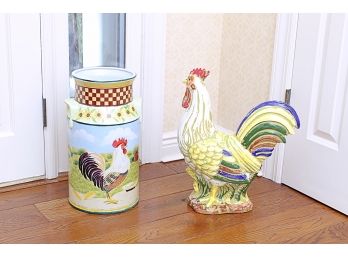 Fun Large Ceramic Painted Rooster & Painted Porcelain Milk Can