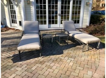 Four Cast Aluminum Patio Lounge Chairs  & Two Matching Side Tables