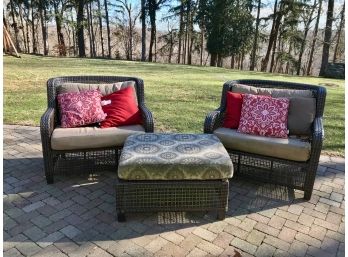 Pair Faux Wicker Settees And Matching Oversize Ottoman