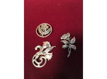 Group Of Three Flower Sterling Pins